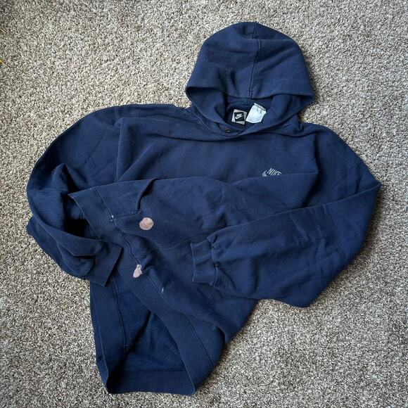 Vintage 90s Baggy Nike Check Navy Cotton Hoodie Sweatshirt - Picture 7 of 7